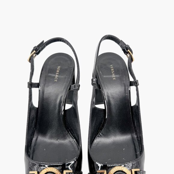 Versace Medusa Slingback Pumps Size 37 US 7 Black Patent Leather Block Heel - Picture 5 of 14